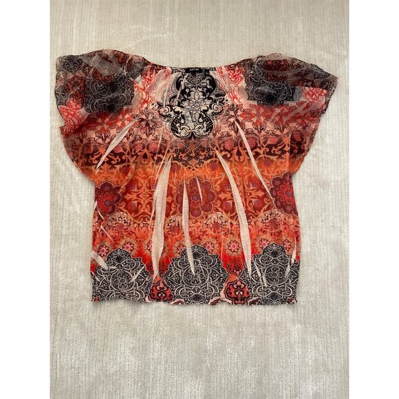 Apt 9 Womens Blouse Top with Flutter Short Sleeves Sz L Paisley Floral Pattern - Picture 3 of 11